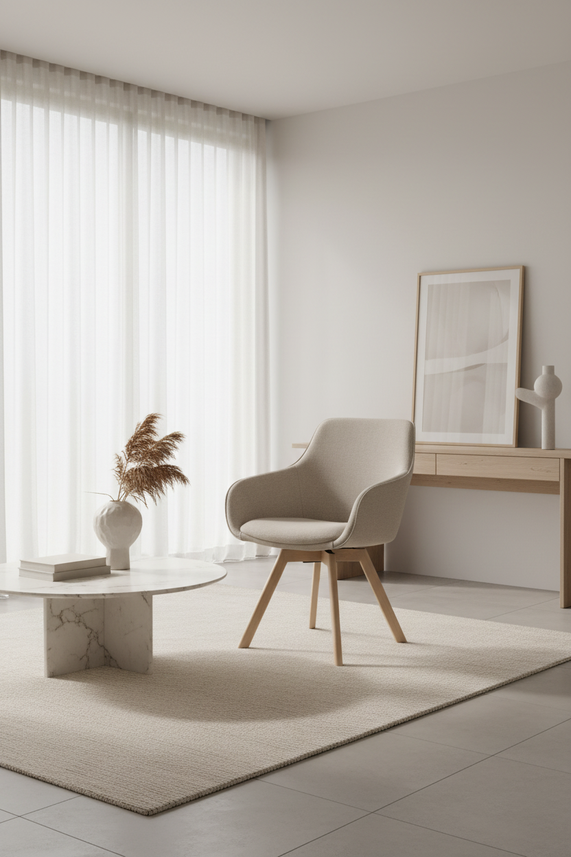
360° Swivel Designer Armchair "Alison" with Solid Wood Base - Light oak / Beige