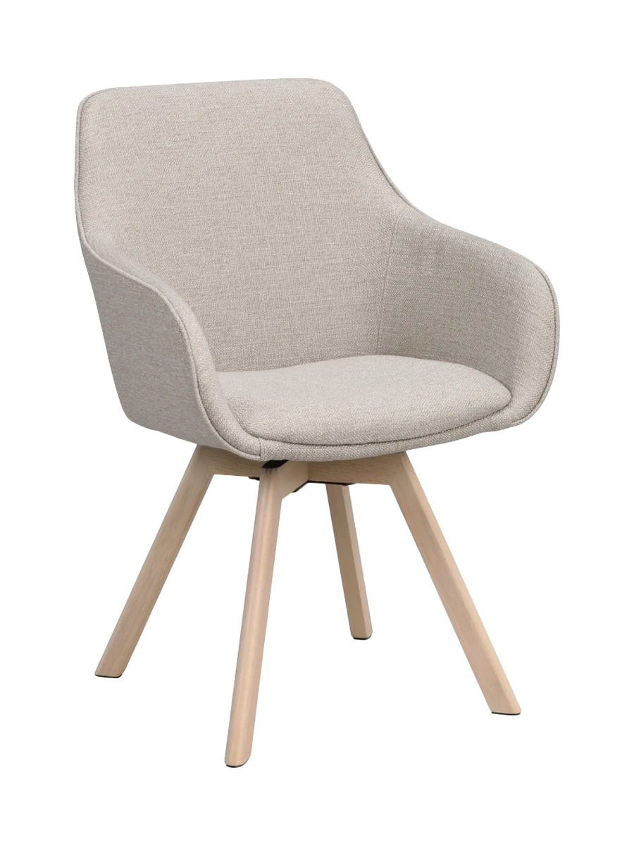 
360° Swivel Designer Armchair "Alison" with Solid Wood Base - Light oak / Beige
