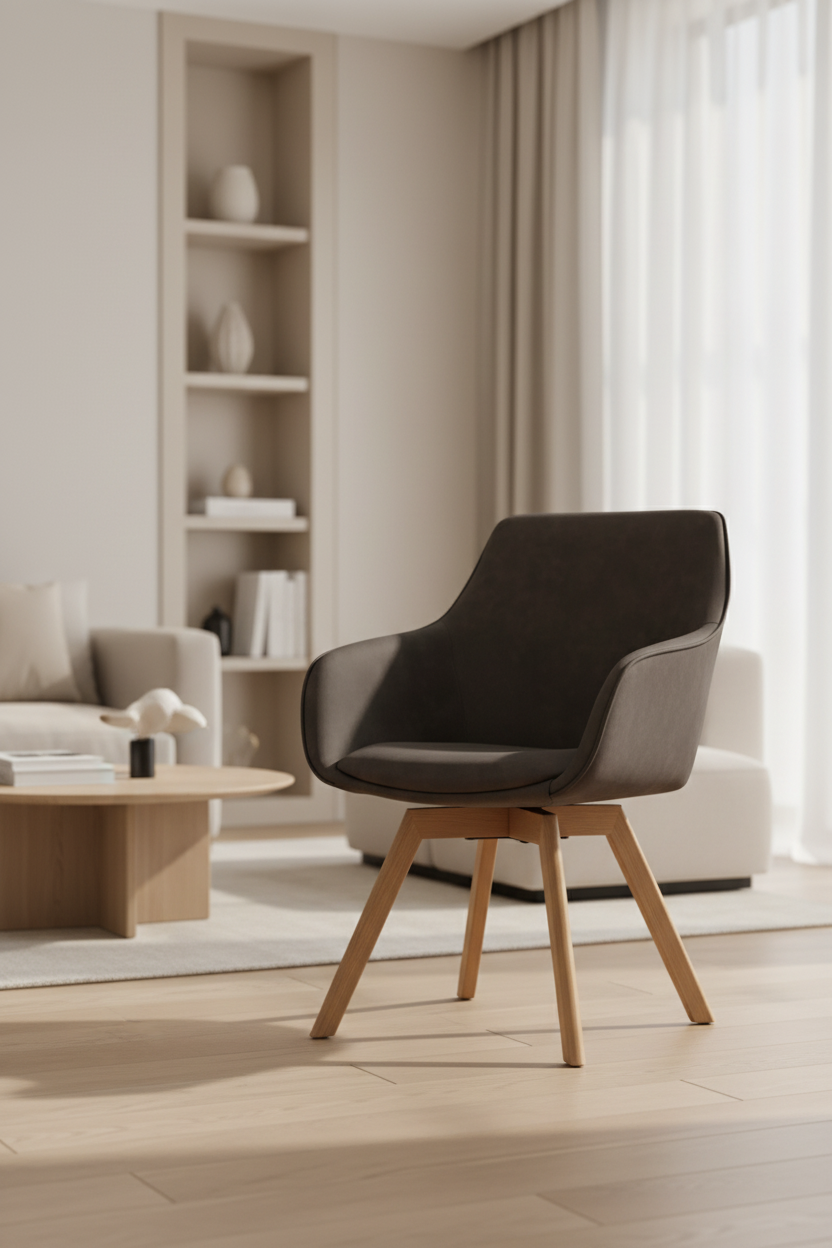 
360° Swivel Designer Armchair "Alison" with Solid Wood Base - Oak Natural / Dark Gray