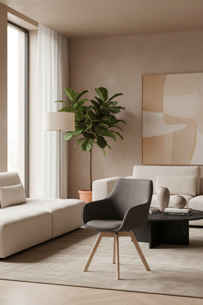 
360° Swivel Designer Armchair "Alison" with Solid Wood Base - Light Oak / Dark Grey
