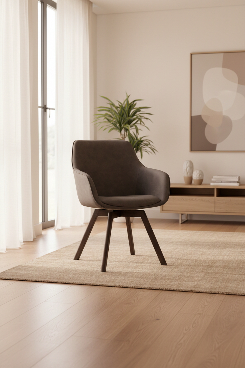 
360° Swivel Designer Armchair "Alison" with Solid Wood Base - Oak Dark Brown / Dark Grey