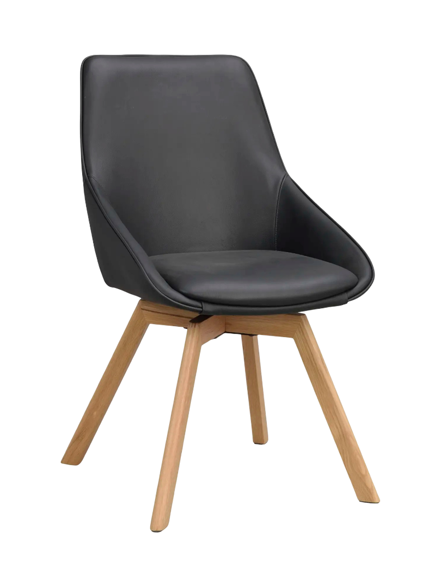 
360° Swivel Genuine Leather Designer Chair "Alison" with Solid Wood Base - Oak Natural / Black