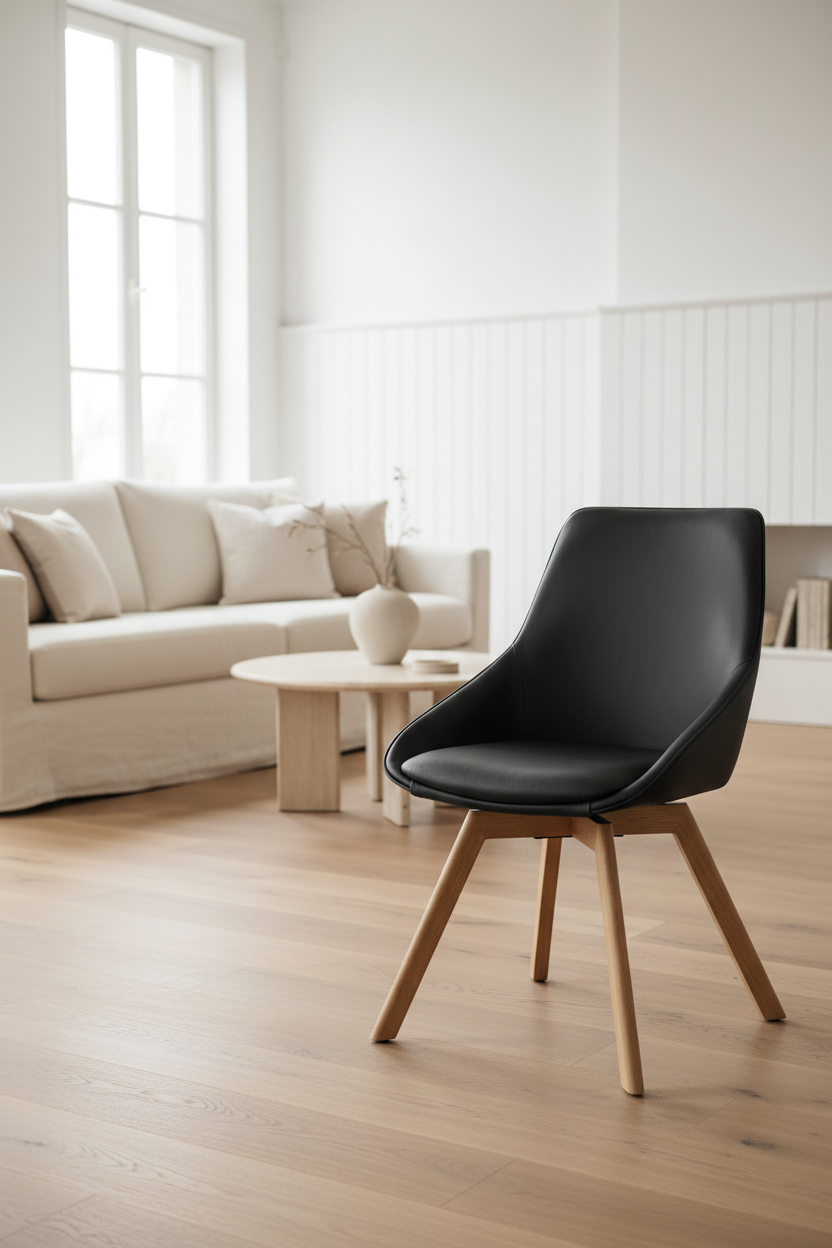 
360° Swivel Genuine Leather Designer Chair "Alison" with Solid Wood Base - Oak Natural / Black