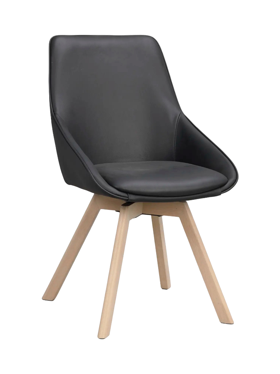 
360° Swivel Genuine Leather Designer Chair "Alison" with Solid Wood Base - Light Oak / Black