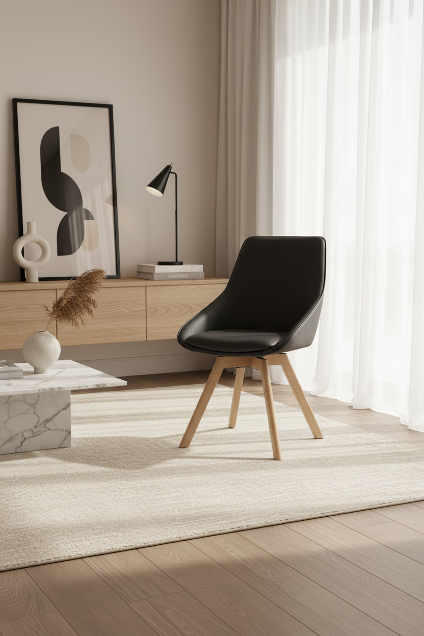 
360° Swivel Genuine Leather Designer Chair "Alison" with Solid Wood Base - Light Oak / Black
