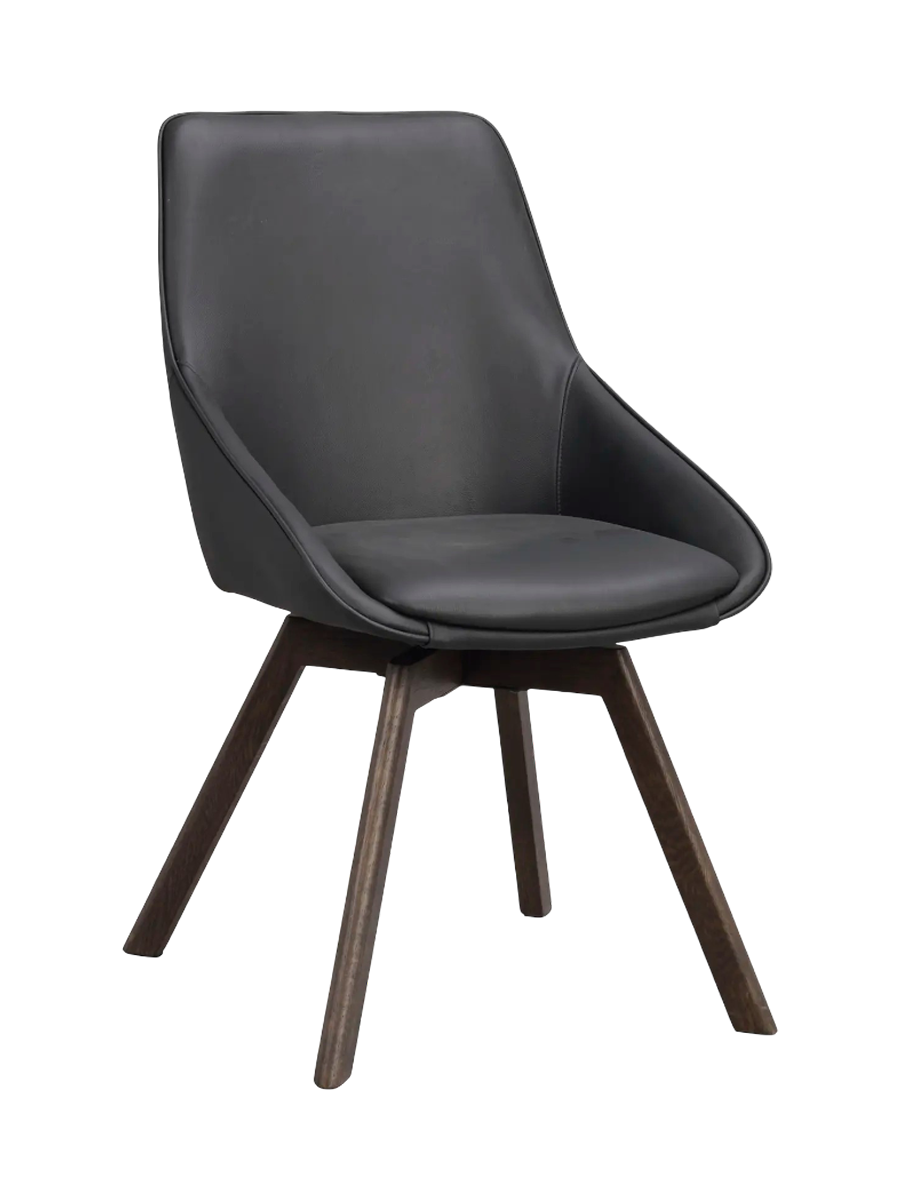 
360° Swivel Genuine Leather Designer Chair "Alison" with Solid Wood Base - Oak Dark Brown / Black