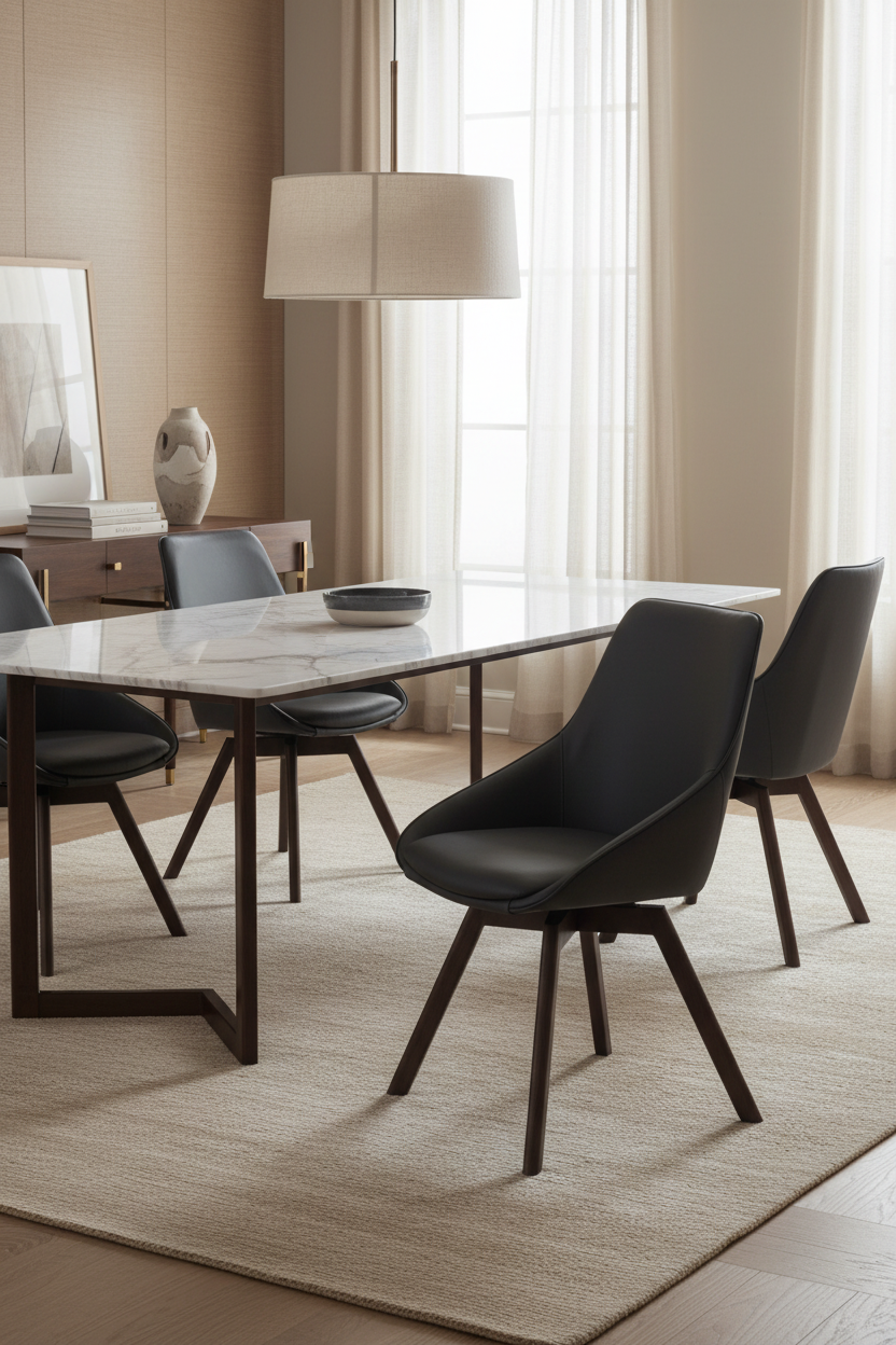 
360° Swivel Genuine Leather Designer Chair "Alison" with Solid Wood Base - Oak Dark Brown / Black