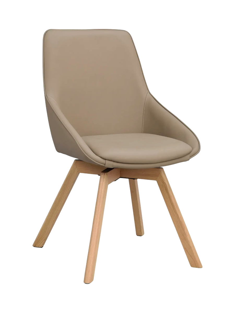 
360° Swivel Genuine Leather Designer Chair "Alison" with Solid Wood Base - Oak Natural / Beige