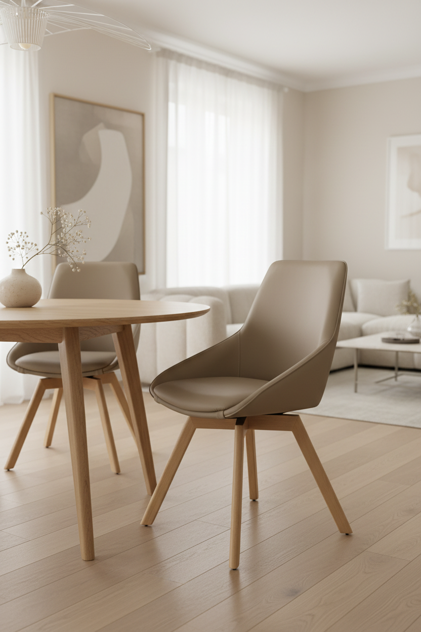 
360° Swivel Genuine Leather Designer Chair "Alison" with Solid Wood Base - Oak Natural / Beige