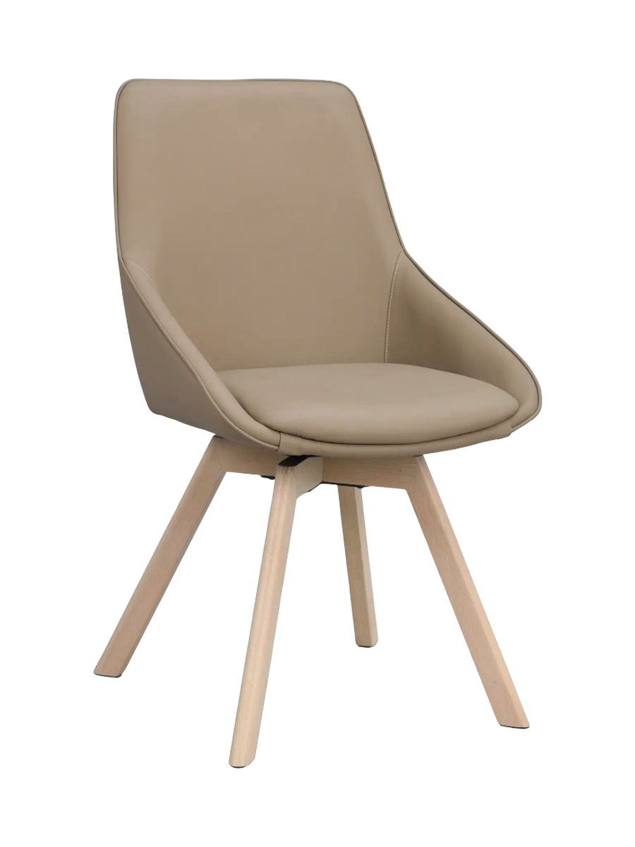 
360° Swivel Genuine Leather Designer Chair "Alison" with Solid Wood Base - Light oak / Beige