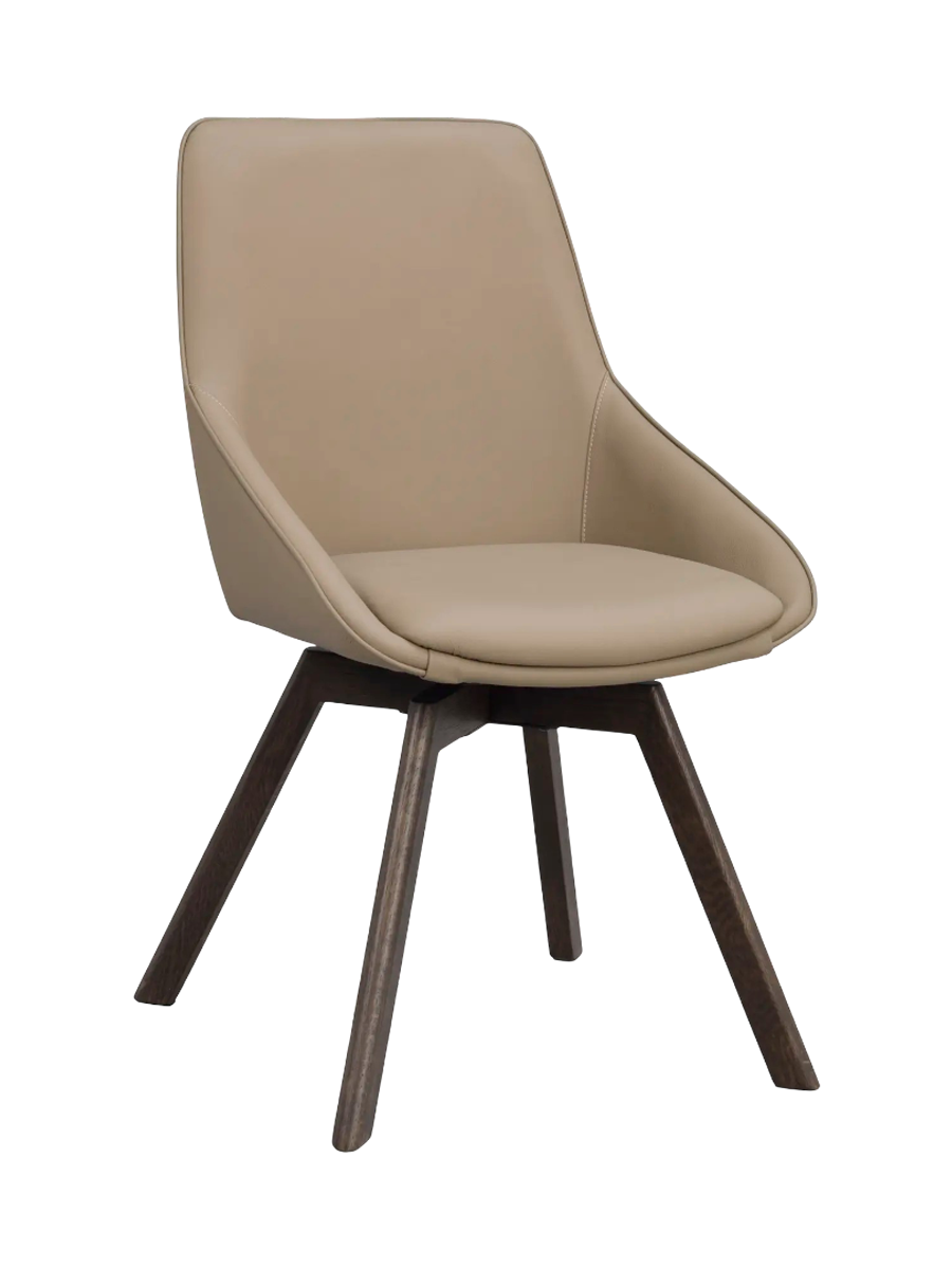 
360° Swivel Genuine Leather Designer Chair "Alison" with Solid Wood Base - Oak Dark Brown / Beige