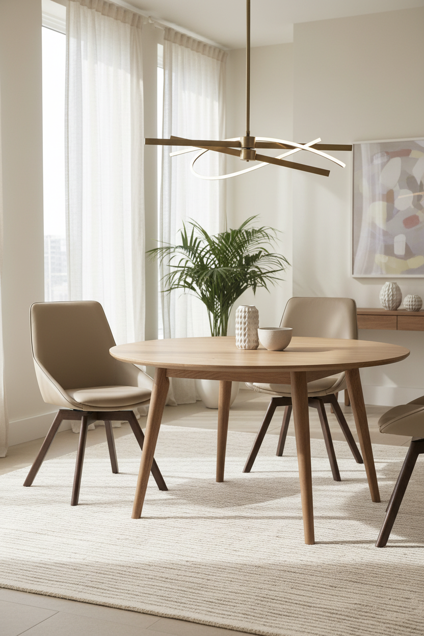 
360° Swivel Genuine Leather Designer Chair "Alison" with Solid Wood Base - Oak Dark Brown / Beige