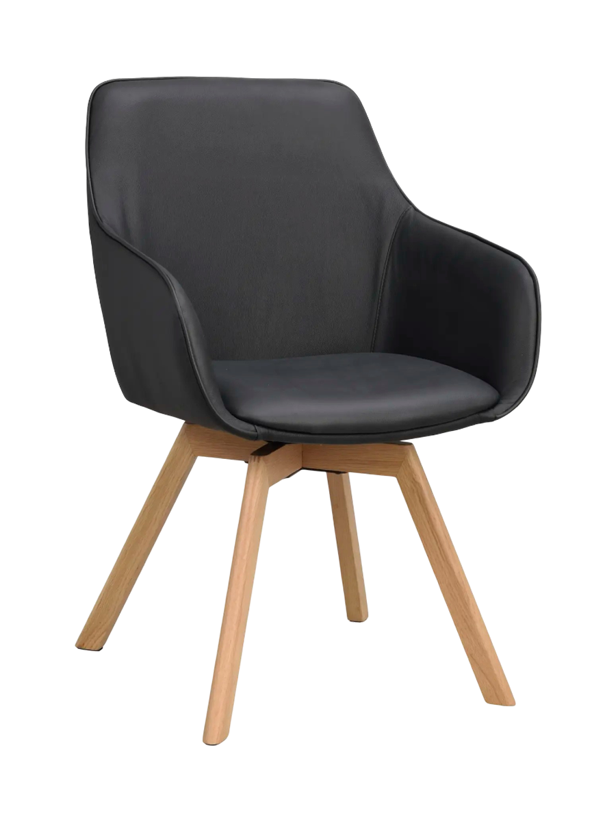
Sedia con braccioli in vera pelle girevole a 360° «Alison» con base in legno massello - Rovere Naturale / Nero