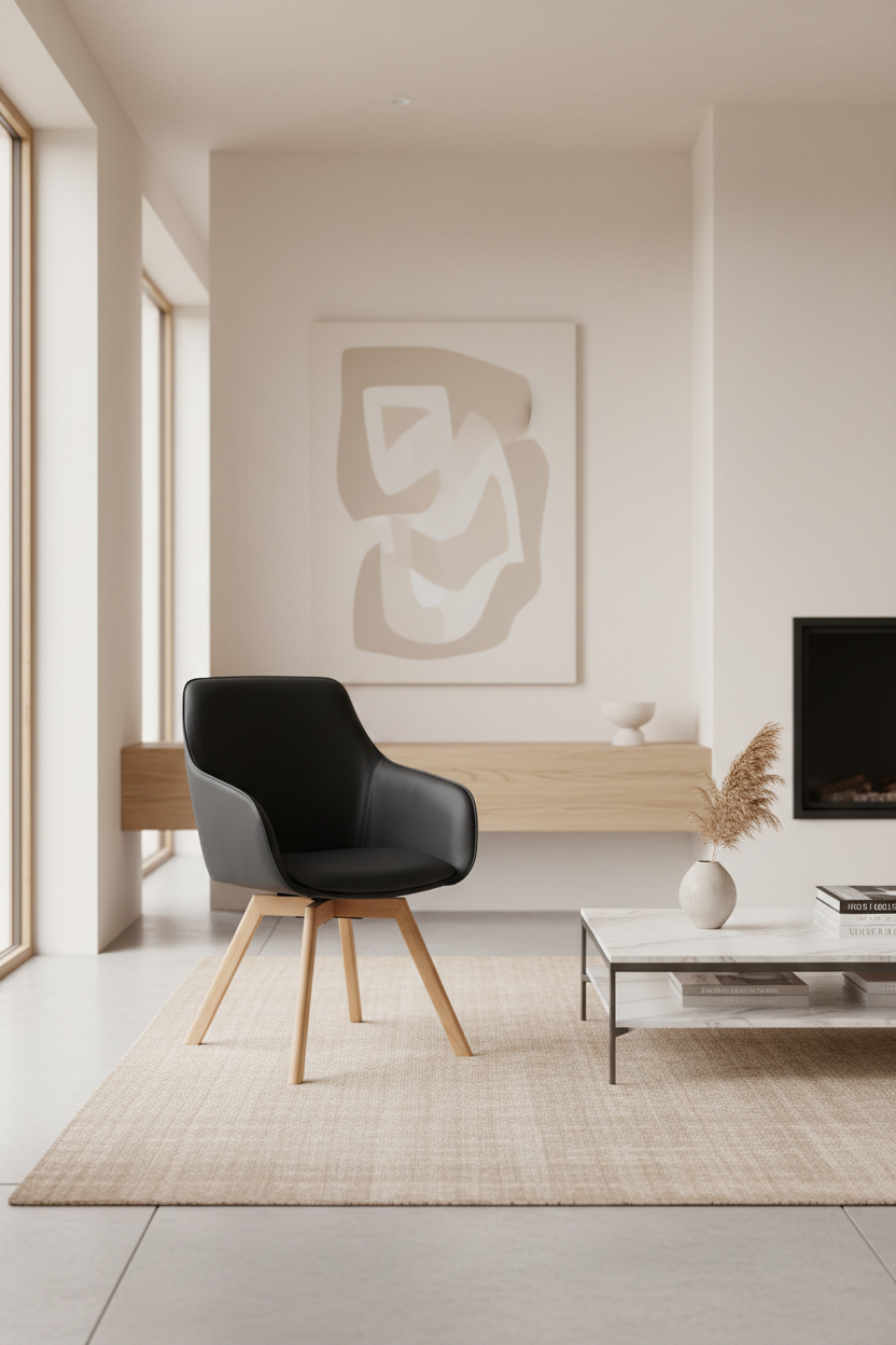 
Sedia con braccioli in vera pelle girevole a 360° «Alison» con base in legno massello - Rovere Naturale / Nero