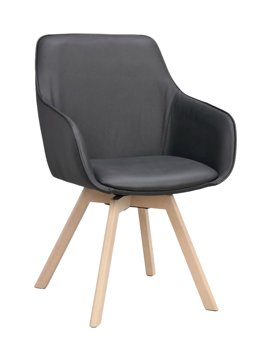
Sedia con braccioli in vera pelle girevole a 360° «Alison» con base in legno massello - Rovere chiaro / Nero
