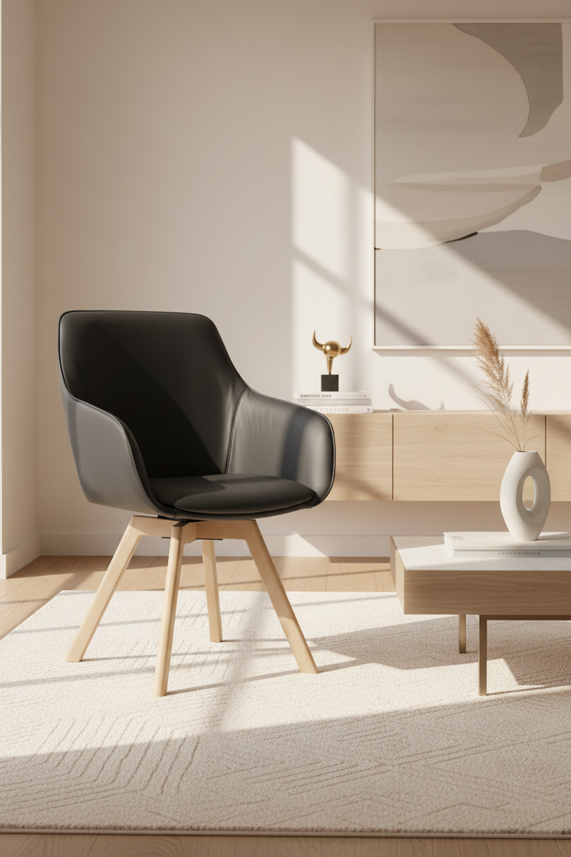
Sedia con braccioli in vera pelle girevole a 360° «Alison» con base in legno massello - Rovere chiaro / Nero