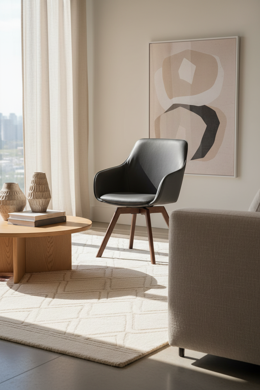 
Sedia con braccioli in vera pelle girevole a 360° «Alison» con base in legno massello - Rovere marrone scuro / Nero