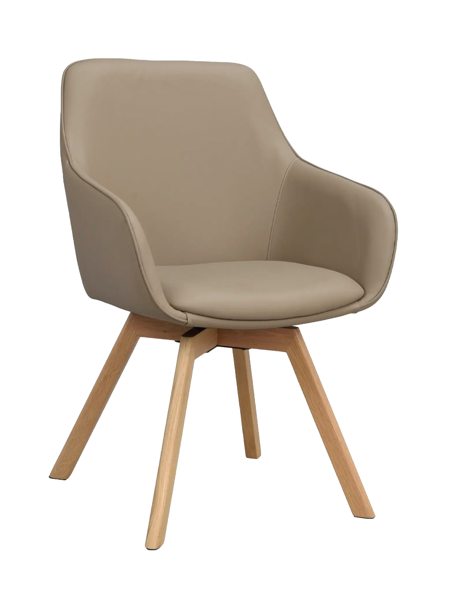
Sedia con braccioli in vera pelle girevole a 360° «Alison» con base in legno massello - Rovere naturale / Beige