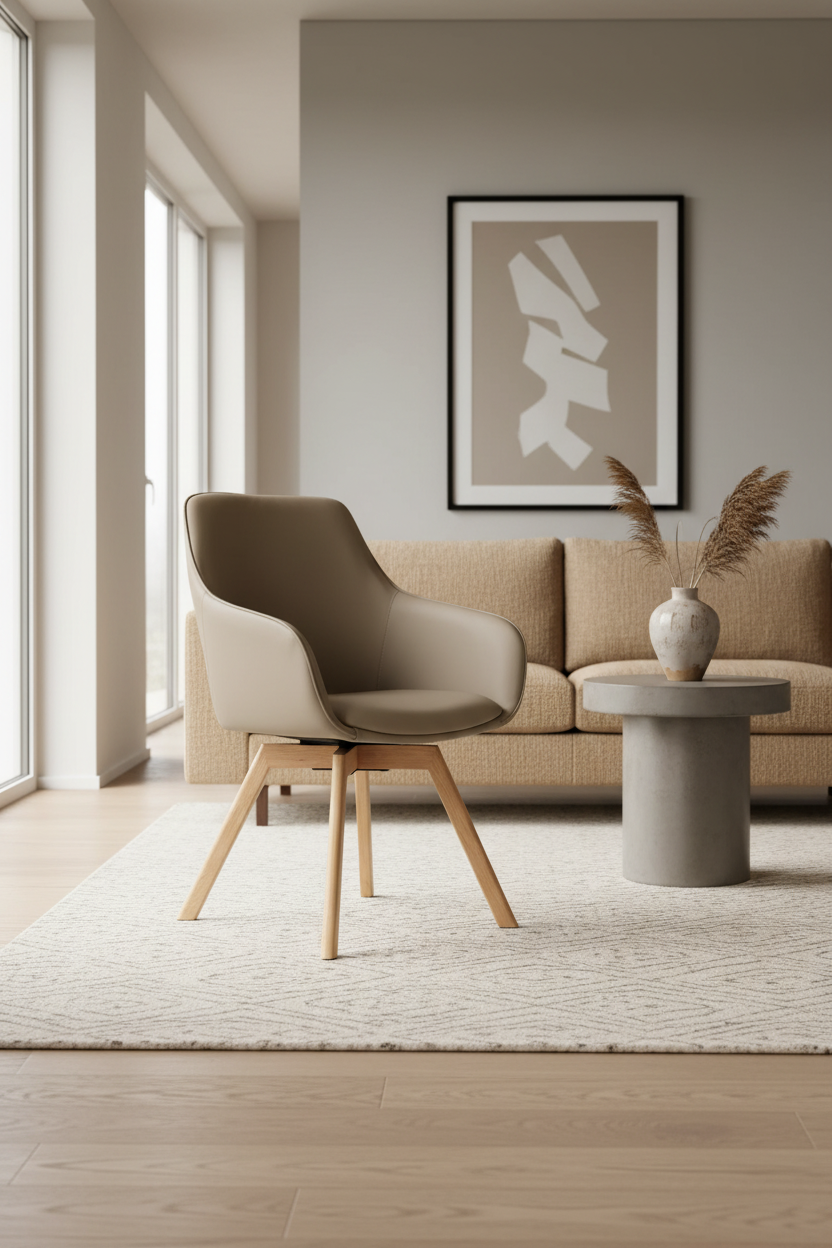 
Sedia con braccioli in vera pelle girevole a 360° «Alison» con base in legno massello - Rovere naturale / Beige