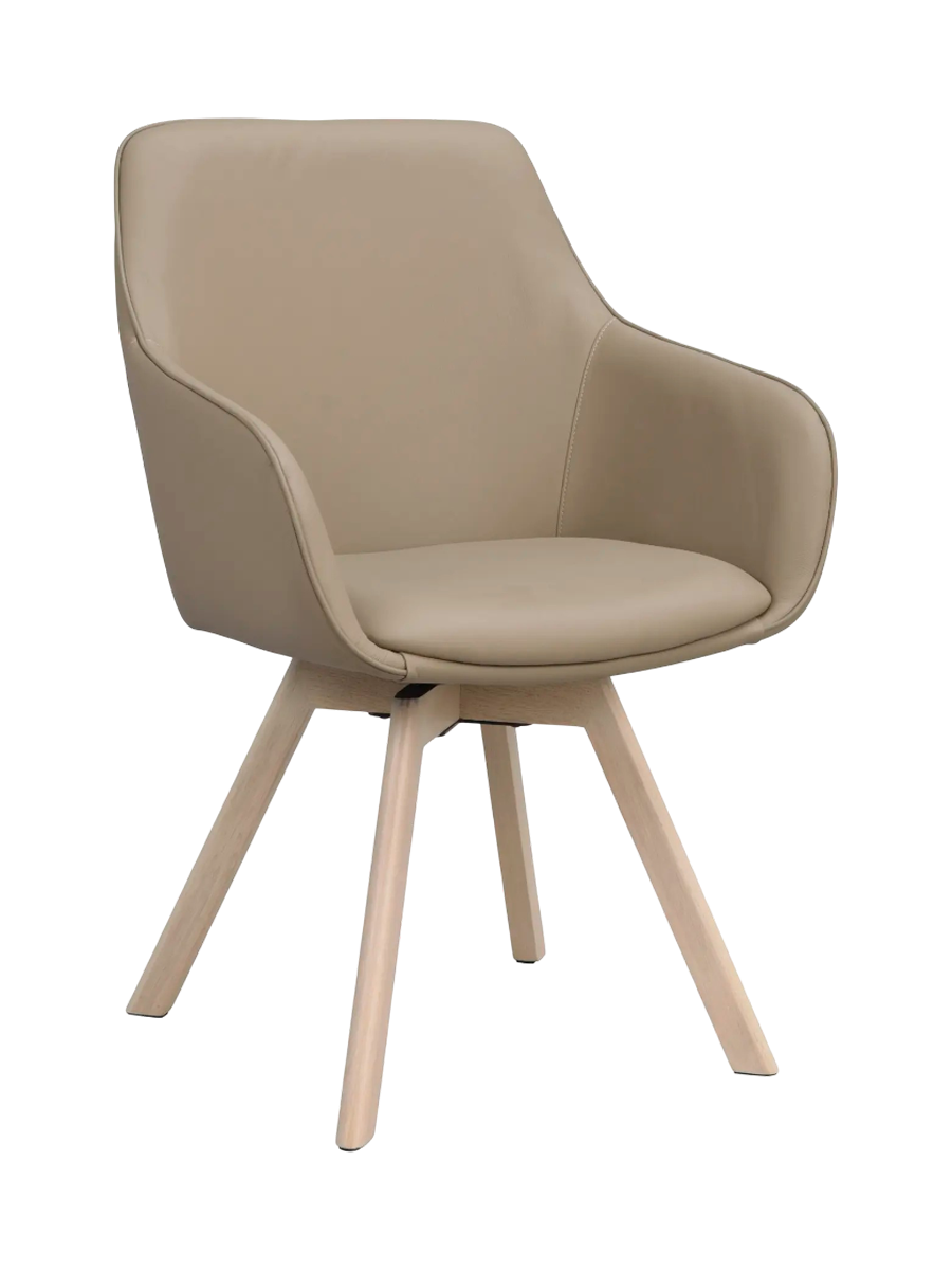 
Sedia con braccioli in vera pelle girevole a 360° «Alison» con base in legno massello - Rovere chiaro / Beige