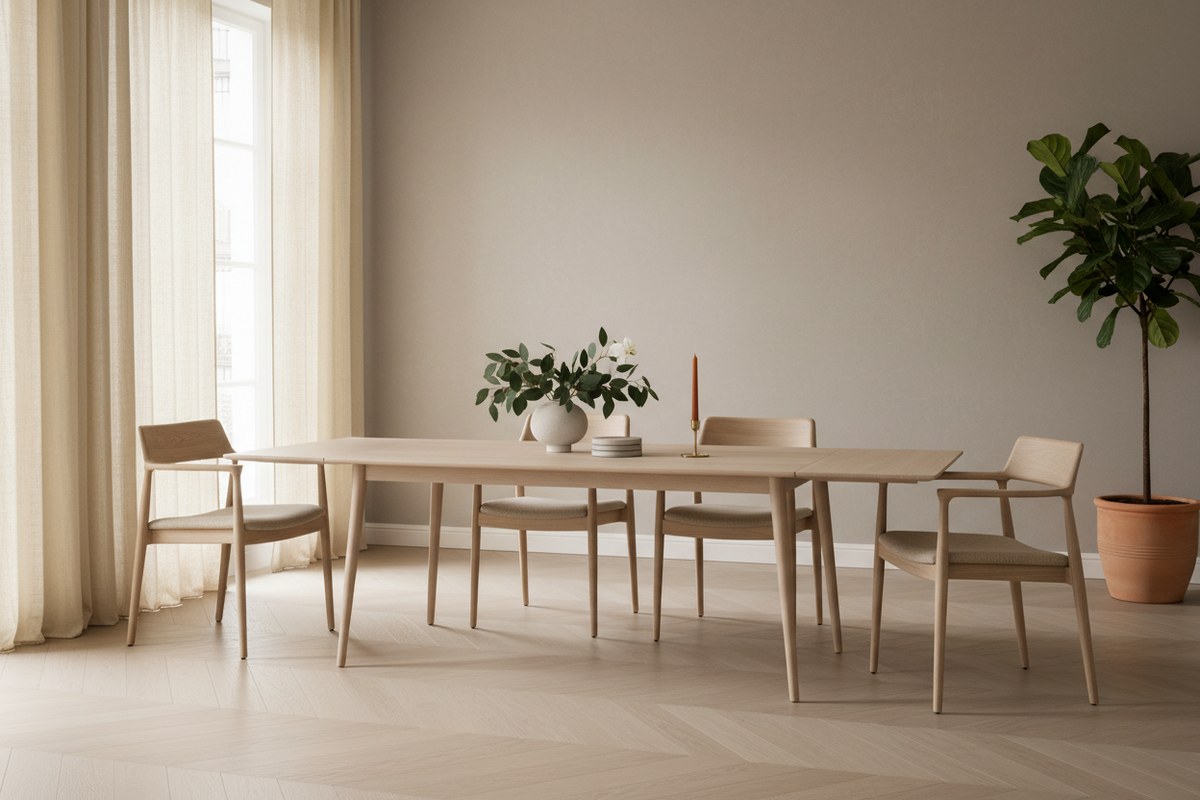 
Table de salle à manger en bois massif « Tyler » 180-280 x 90 cm, chêne clair - Avec deux rallonges, 280 x 90 cm