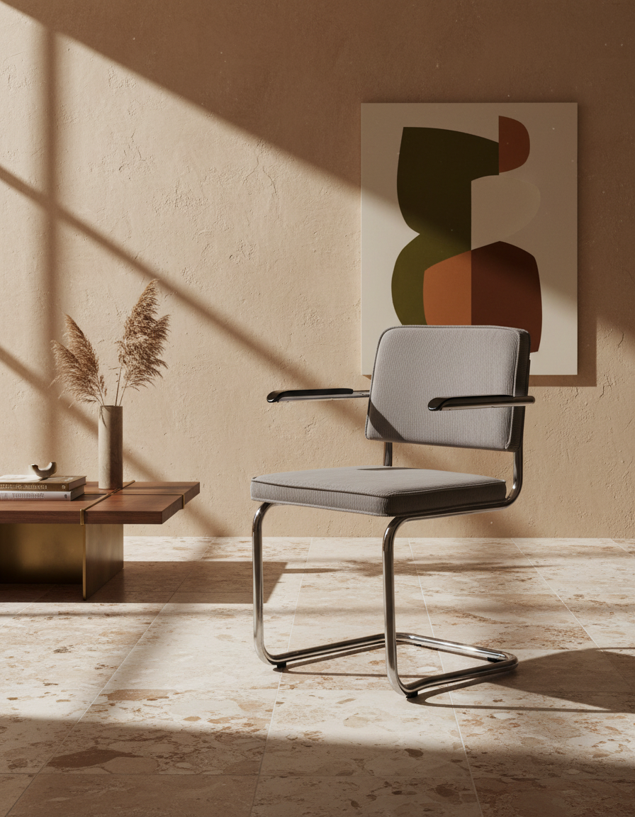 
Chaise design cantilever « Ridge Kink Rib » avec accoudoirs - Gris clair / Argent