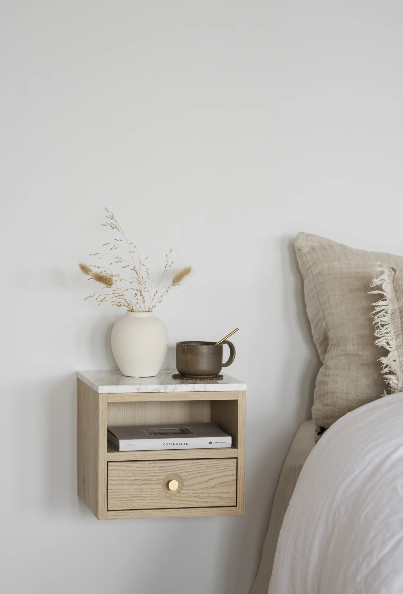 
Designer Nightstand "Whitemore" for Wall Mounting - Light Oak / Carrara Marble