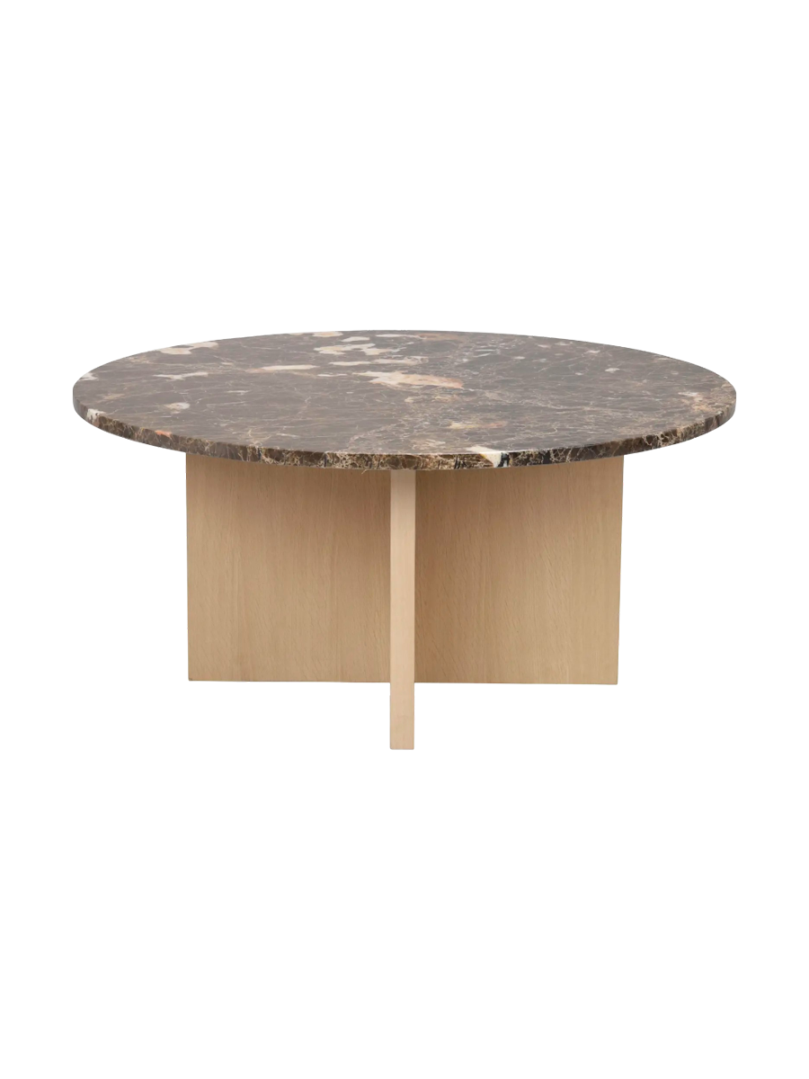 
High-quality, round marble coffee table "Brooksville" Ø 90 cm - Light oak / Emperador marble