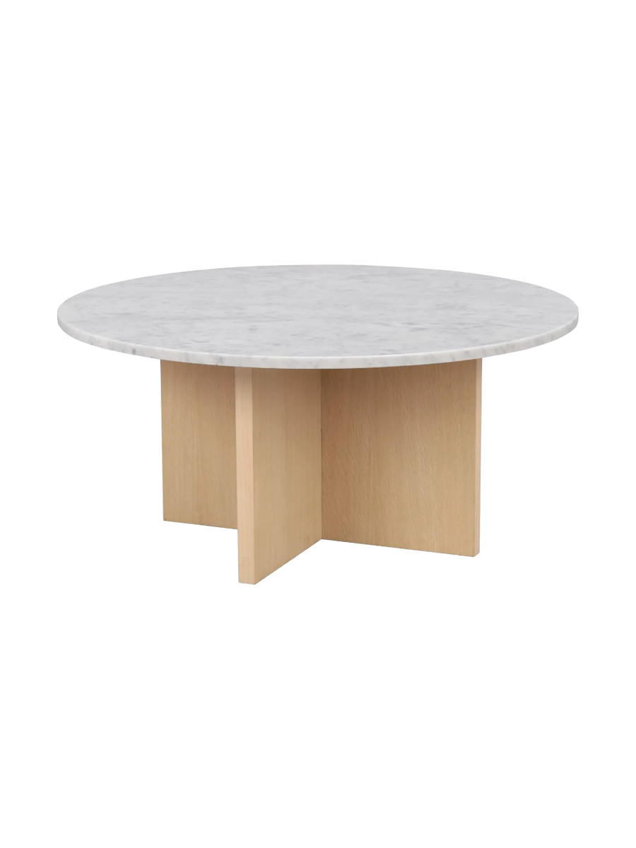 
High-quality, round marble coffee table "Brooksville" Ø 90 cm - Light oak / Carrara marble