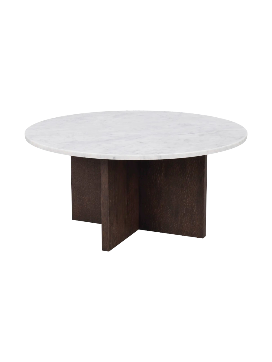 
High-quality, round marble coffee table "Brooksville" Ø 90 cm - Dark Brown Oak / Carrara Marble