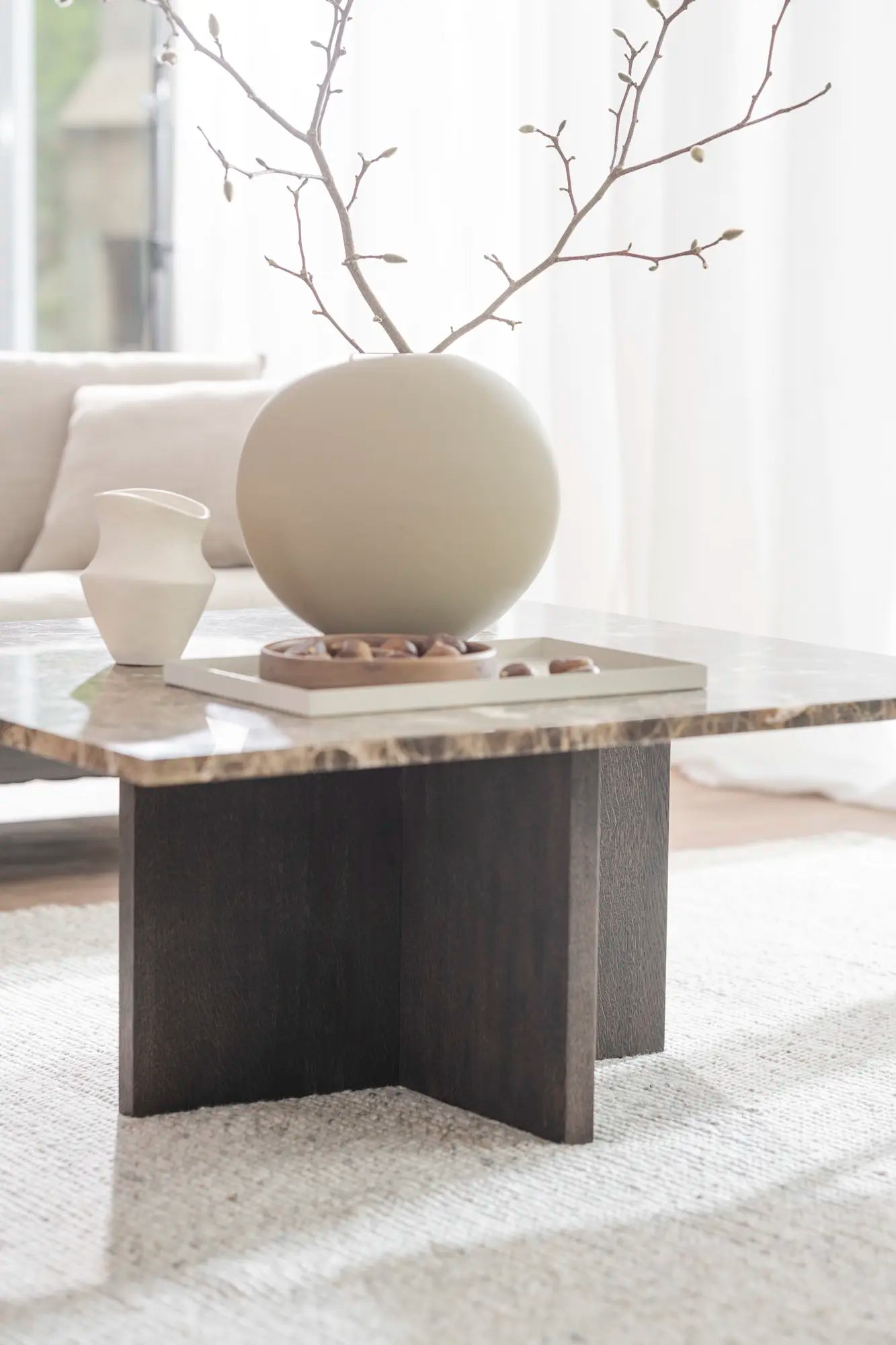 
High-quality Marble Coffee Table "Brooksville" 90 x 90 cm - Light oak / Emperador marble