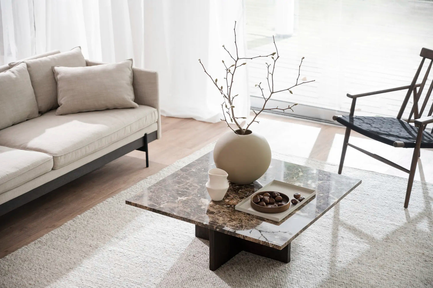
High-quality Marble Coffee Table "Brooksville" 90 x 90 cm - Brown Oak / Emperador Marble