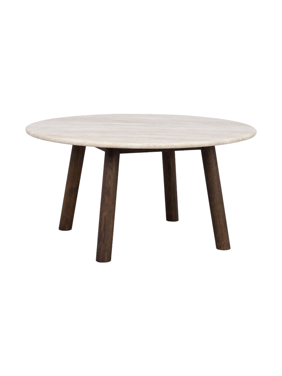 
Runder Design Couchtisch „Taransay“ Ø 90 cm - Travertin / Eiche Dunkelbraun