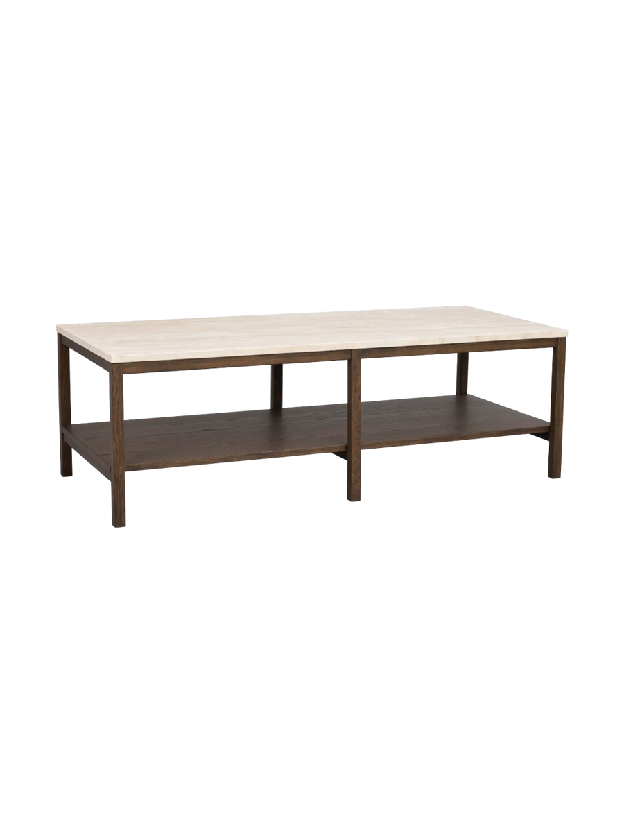 
Grosser Design Couchtisch „Orwel“ 140 x 60 cm - Travertin / Eiche Dunkelbraun