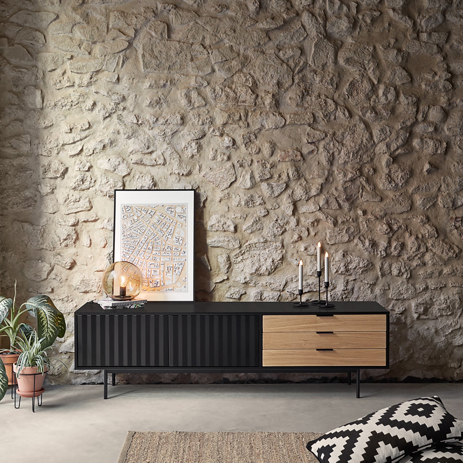 
Designer Lowboard "Sierra" - 180 x 52 cm - Black / Oak