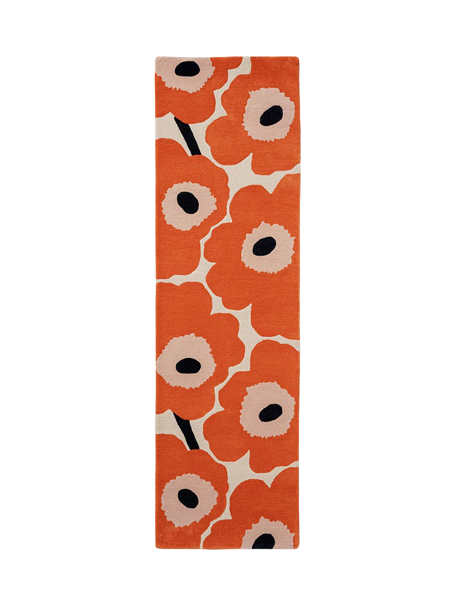 
Handgetufteter Designer Läufer „Unikko Orange“ aus 100% Wolle, verschiedene Grössen - 70 x 245 cm