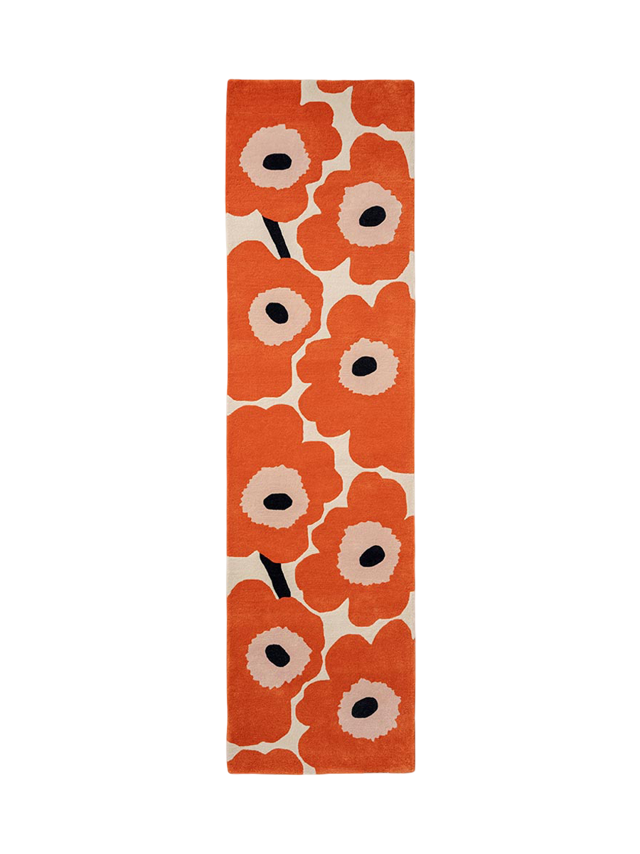 
Handgetufteter Designer Läufer „Unikko Orange“ aus 100% Wolle, verschiedene Grössen - 80 x 300 cm