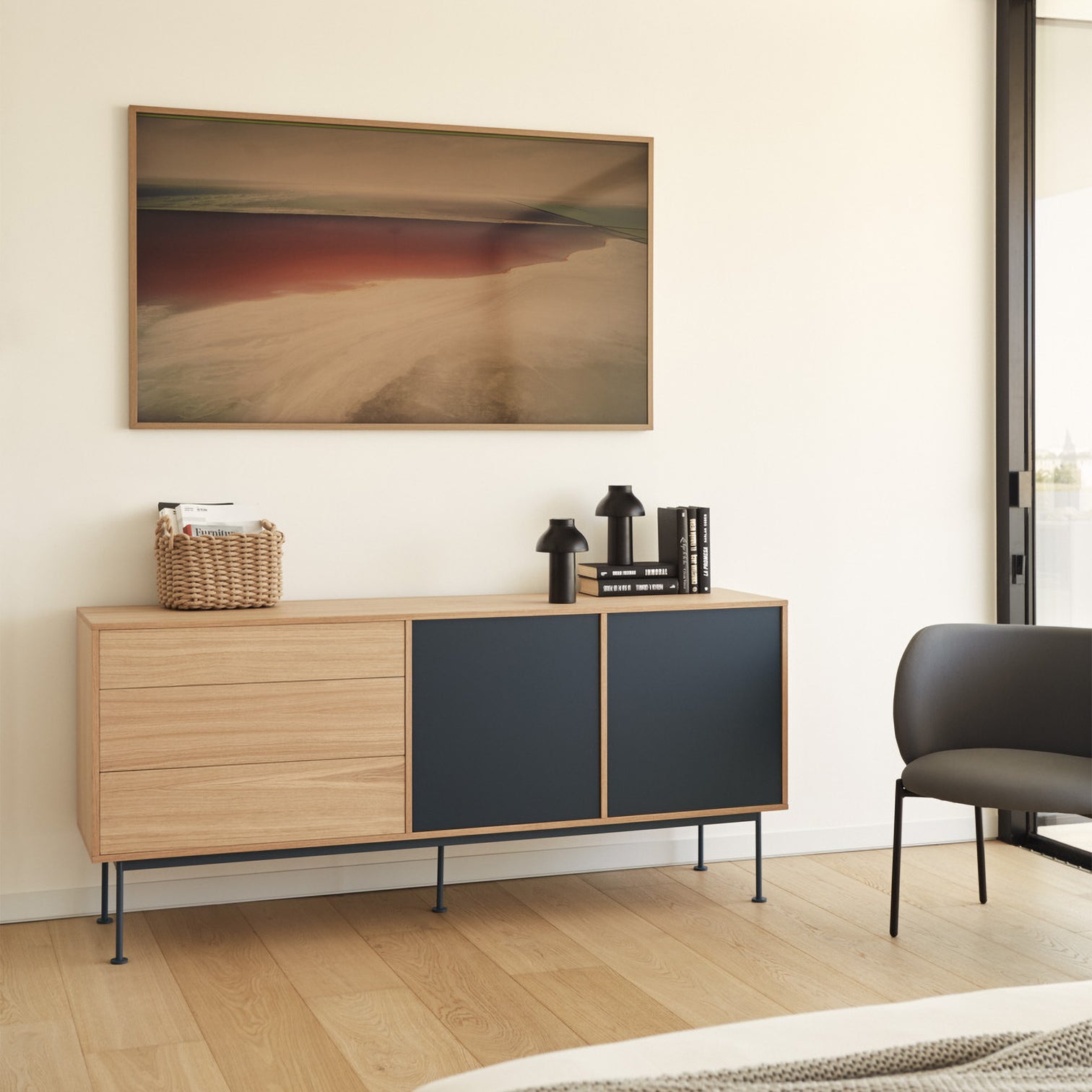 
Large Designer Sideboard "Yoko" - Anthracite / Oak