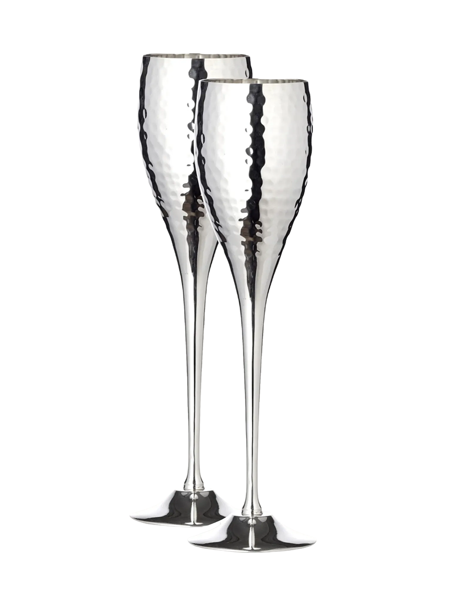 
"Dodo" Premium Champagne Flutes, Set of 2 - Hammered & Elegantly Silver-Plated