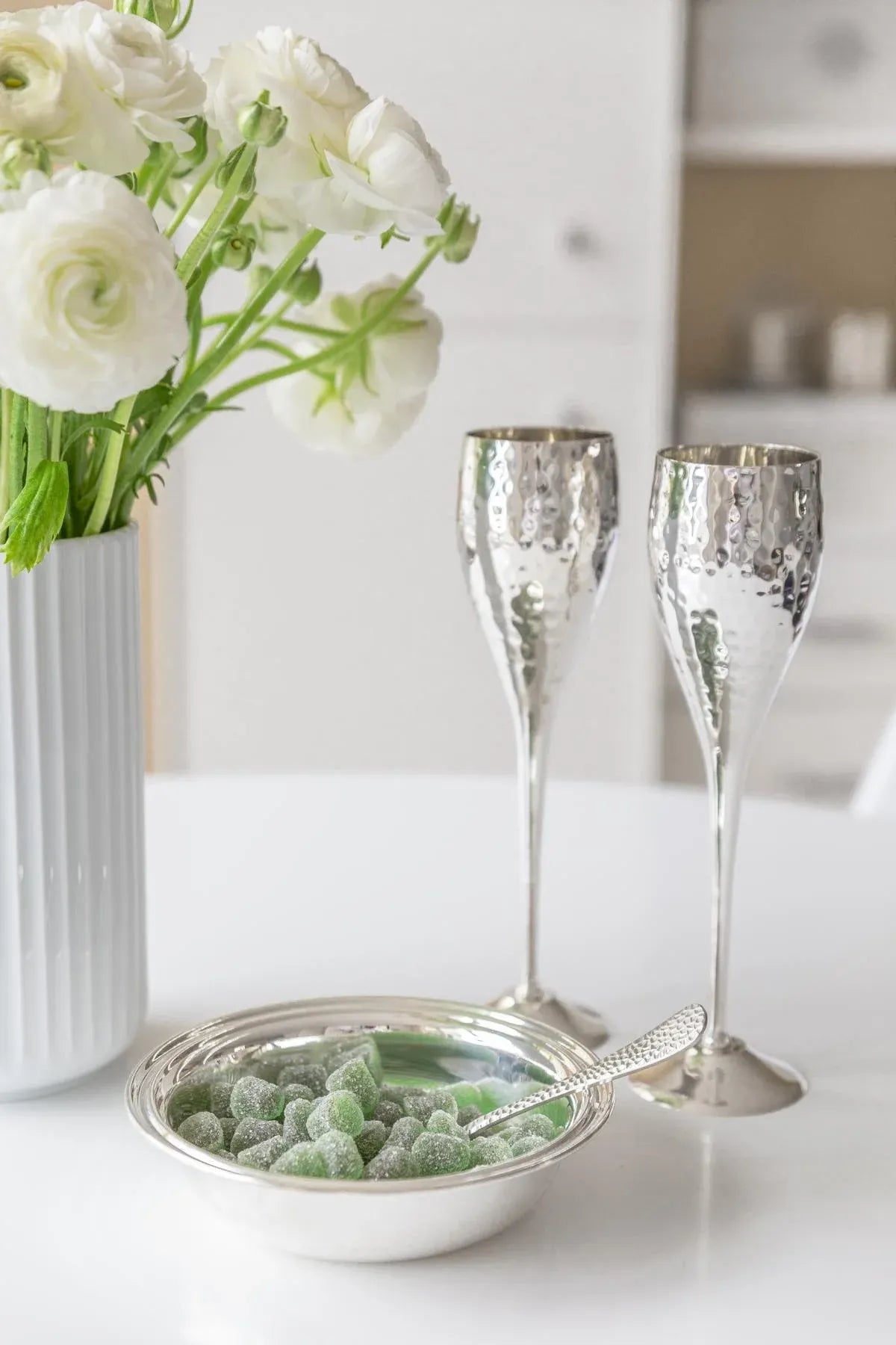 
"Dodo" Premium Champagne Flutes, Set of 2 - Hammered & Elegantly Silver-Plated