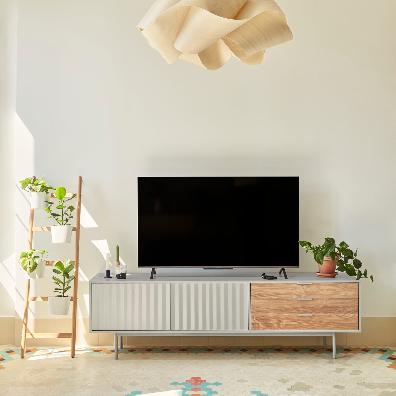 
Designer Lowboard "Sierra" - 180 x 52 cm - Light Gray / Oak