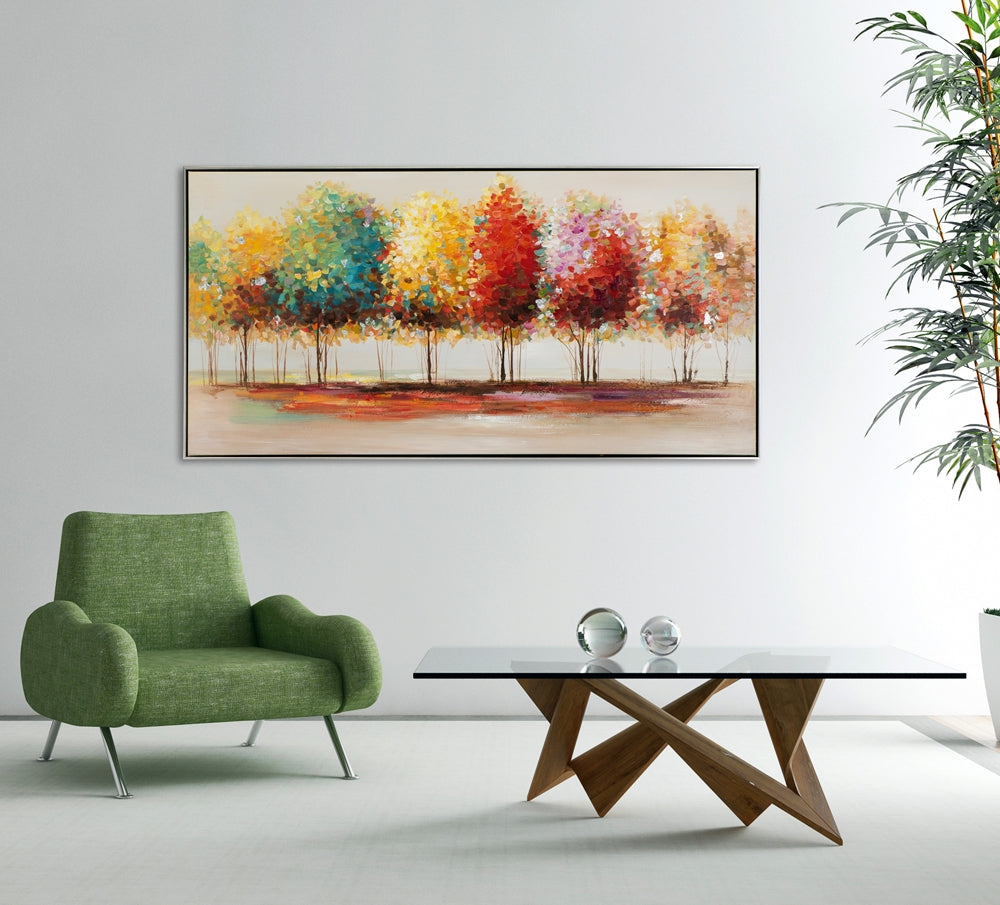 
Quadro dipinto a mano «Bosco autunnale variopinto» 72.5 x 142.5 cm