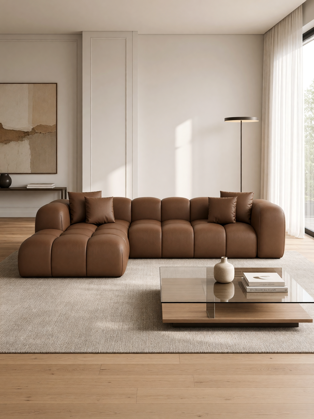
4-seater designer genuine leather corner sofa "Alba" - Genuine leather Choco Brown / Left corner section