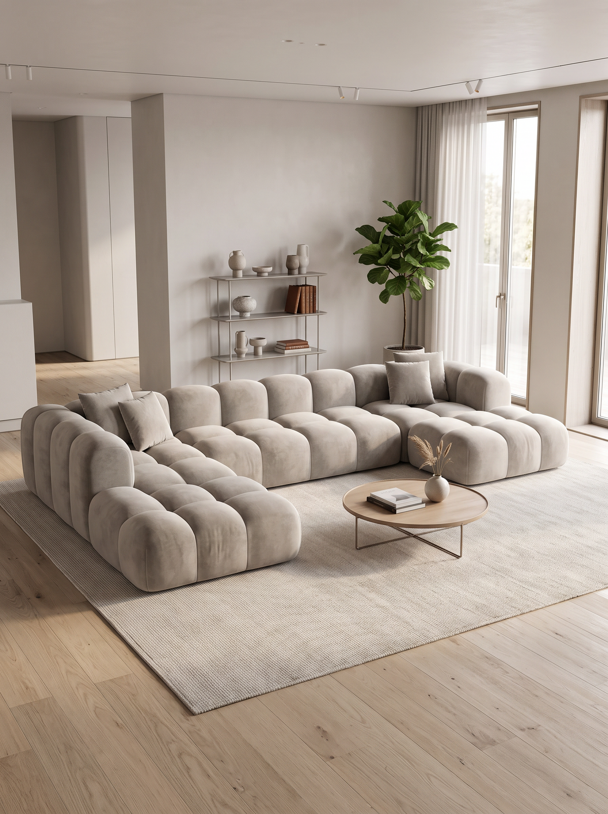 
Divano panoramico di design a 7 posti «Alba Lounge XXL» con rivestimento in velluto - Rivestimento in velluto Beige scuro / Lato lungo a sinistra