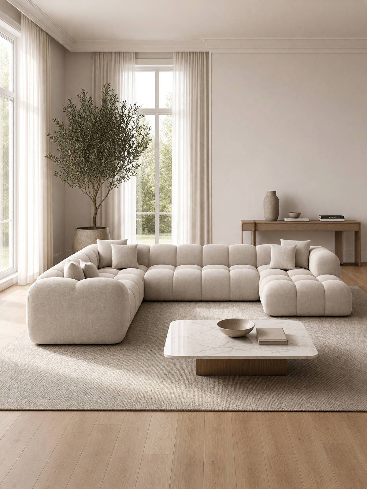
Canapé panoramique design 7 places « Alba XXL » avec revêtement en tissu structuré - Tissu texturé Beige / Côté long gauche