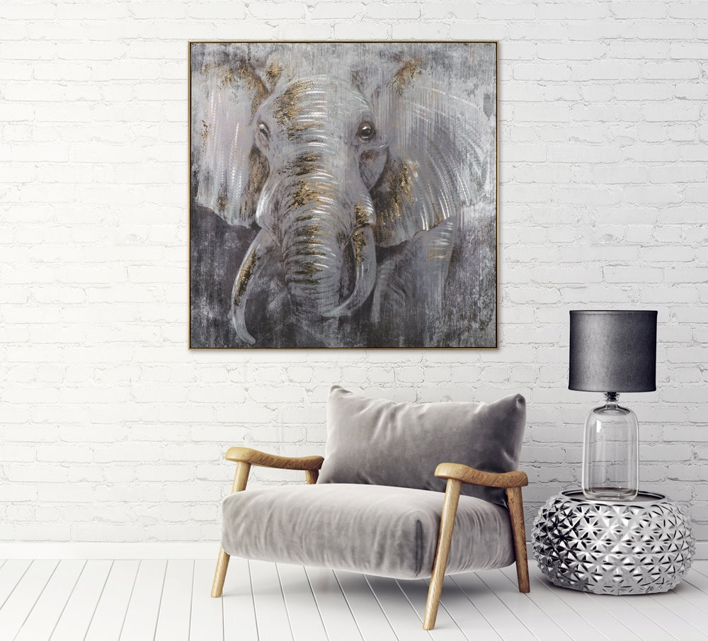 
Quadro dipinto a mano, con cornice, “Elefante in argento” 102 x 102 cm