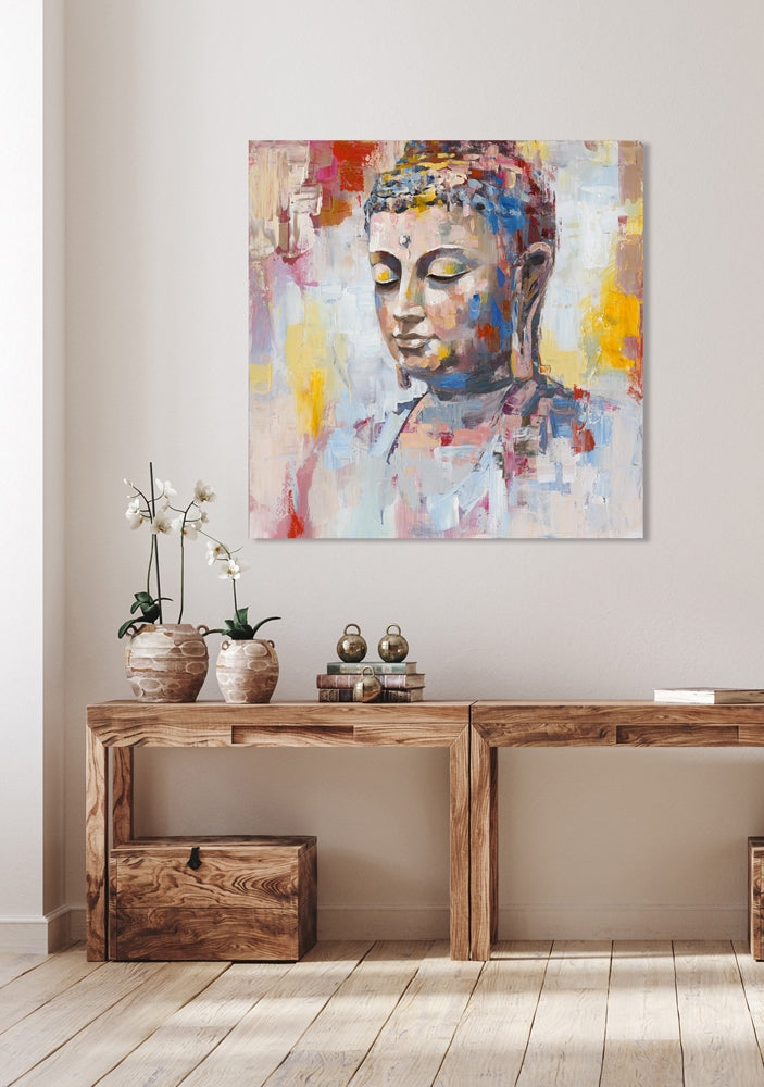 
Quadro dipinto a mano «Buddha dai riflessi colorati» 100 x 100 cm
