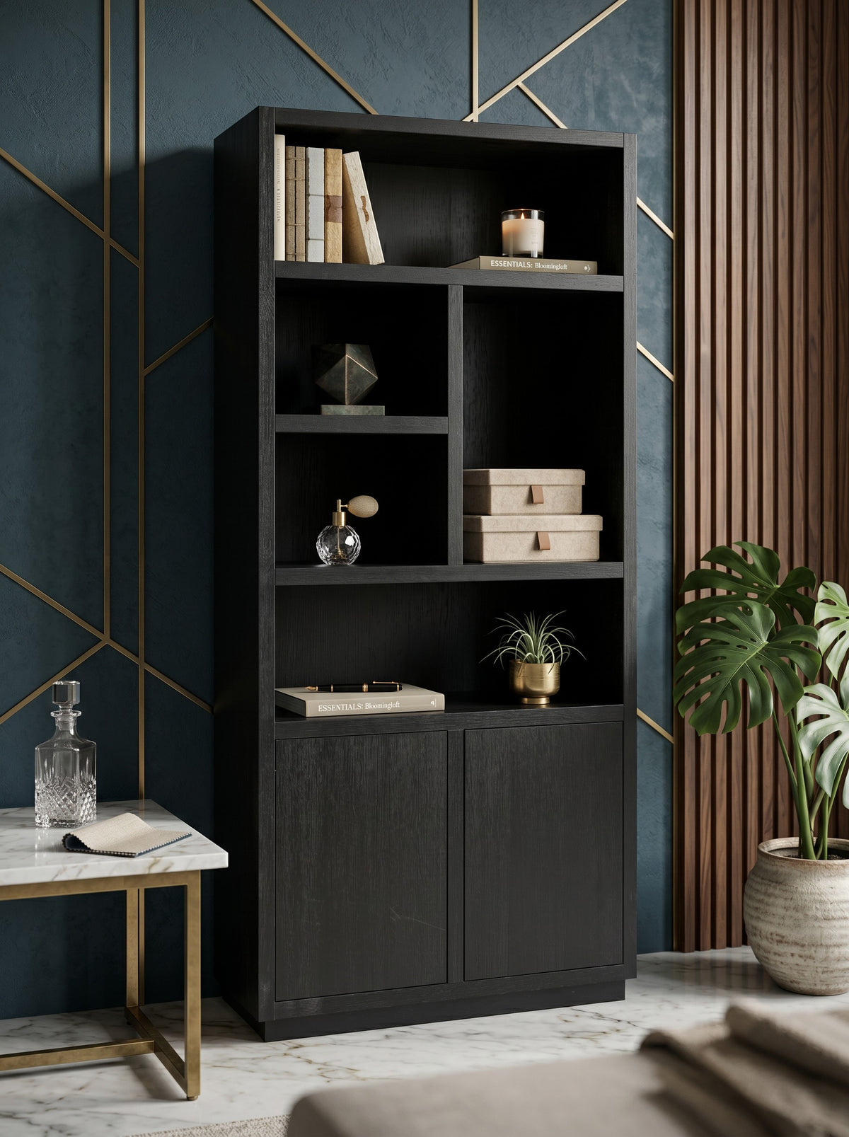 
Grosses Design Regal „Oakura II“ aus schwarz gebeizter Eiche