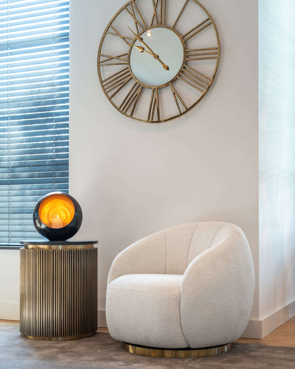 
Round "Ironville" Designer Side Table with Black Marble Top
