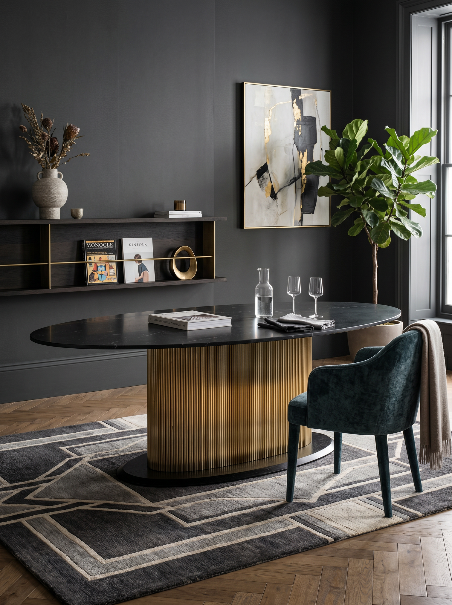
Oval Designer Dining Table "Ironville" with Black Marble Top 235 x 110 cm